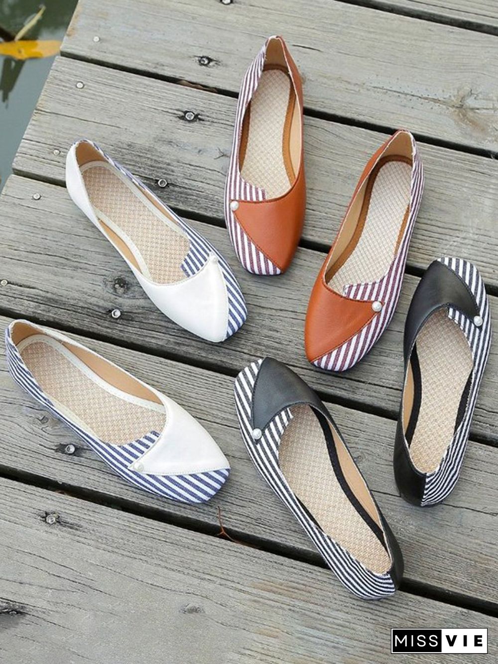 Women Striped All Season Urban Split Joint PU Pu Slip On Standard Shallow Shoes Flats