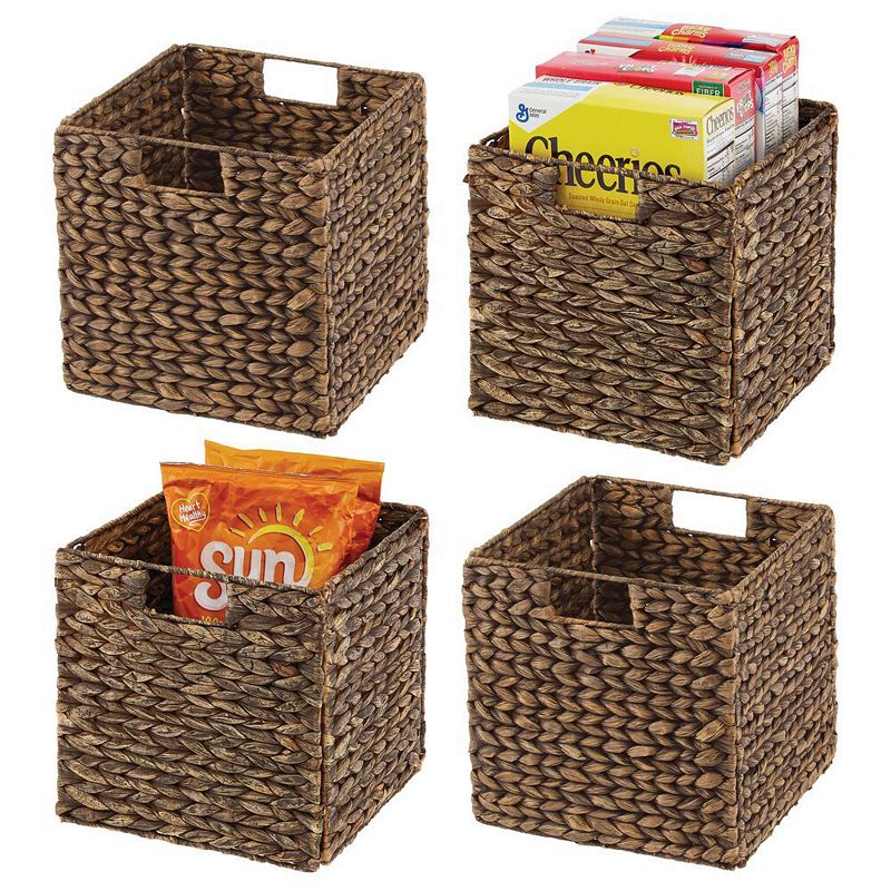 mDesign 10.5 x 10.5 x 10.5 Hyacinth Kitchen Storage Basket with Handles， 4 Pack