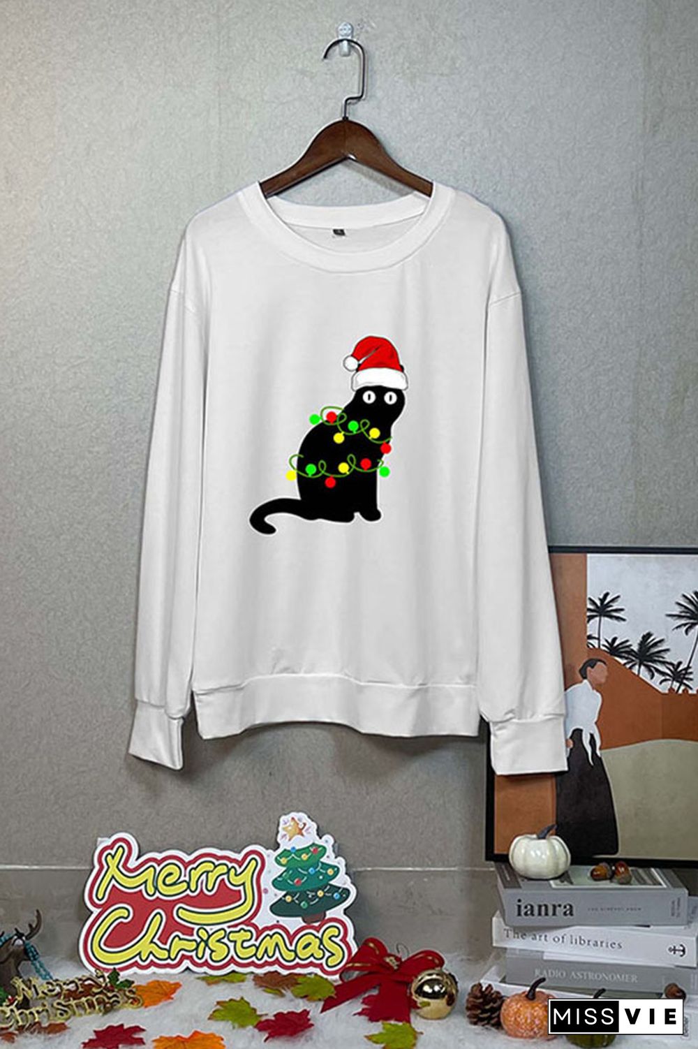 Black Santa Cat Tangled Up In Lights Christmas Santa Sweatshirt Wholesale