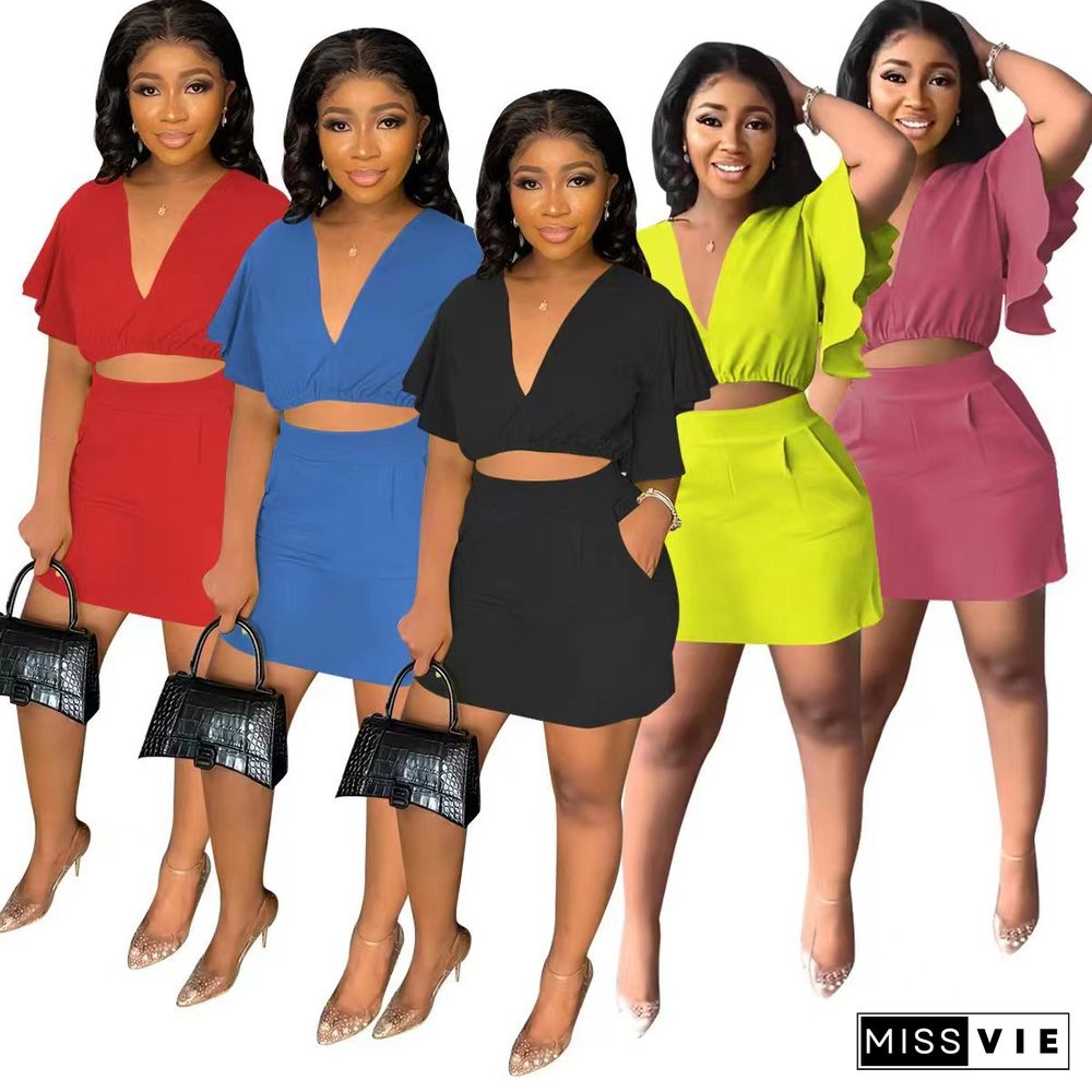 Fashion Lotus Sleeve Casual Skirt Suit