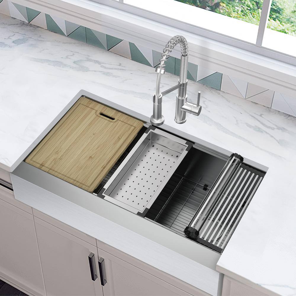 Glacier Bay Zero Radius FarmhouseApron-Front 16G Stainless Steel 36 in. Single Bowl Workstation Kitchen Sink with Accessories FSU1ZAS3621A1AC