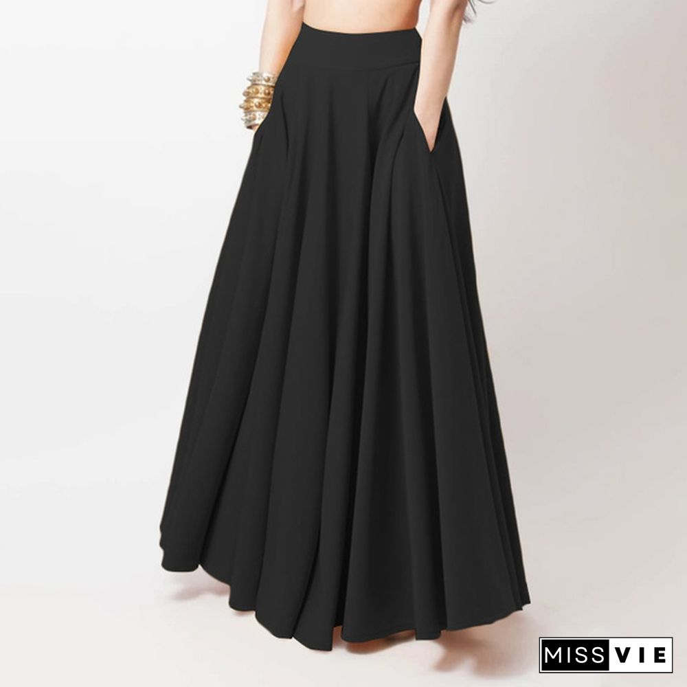 Women High Waist Skirt Flare Pleated Skirt Maxi Skirt Dress S-5Xl