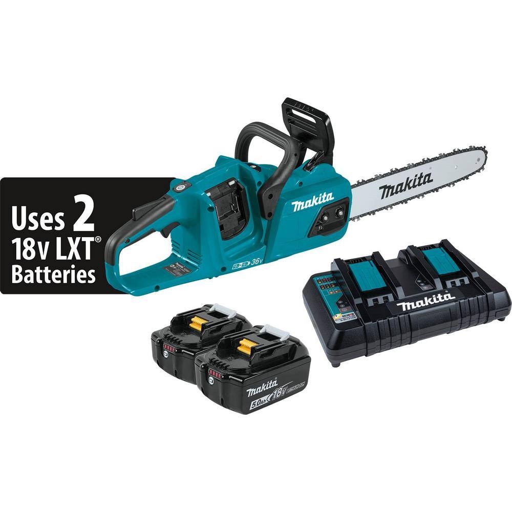 Makita LXT 14 in. 18V X2 (36V) Brushless Electric Battery Chainsaw Kit (5.0Ah) with bonus 18V LXT 5.0 Ah (2-Pack) XCU07PT-BL18502