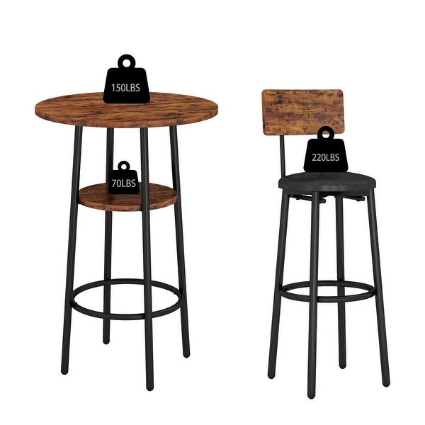 3-Piece Industrial Bar Table Set with 2 PU Leather Stools， Round Counter Height Dining Table Set for Pub， Bistro， Cafe