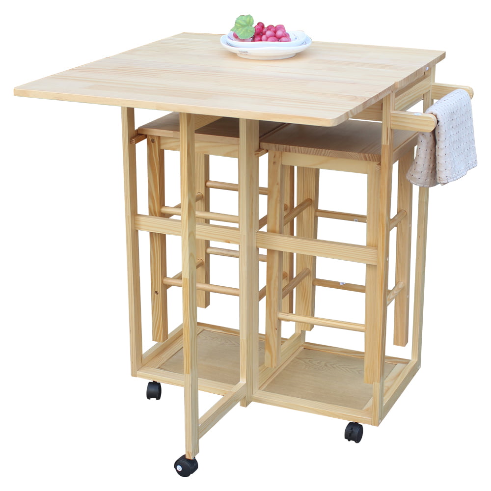 Zimtown Kitchen Trolley Cart Island Rolling Storage Dinning Table Stools Set Wood Color