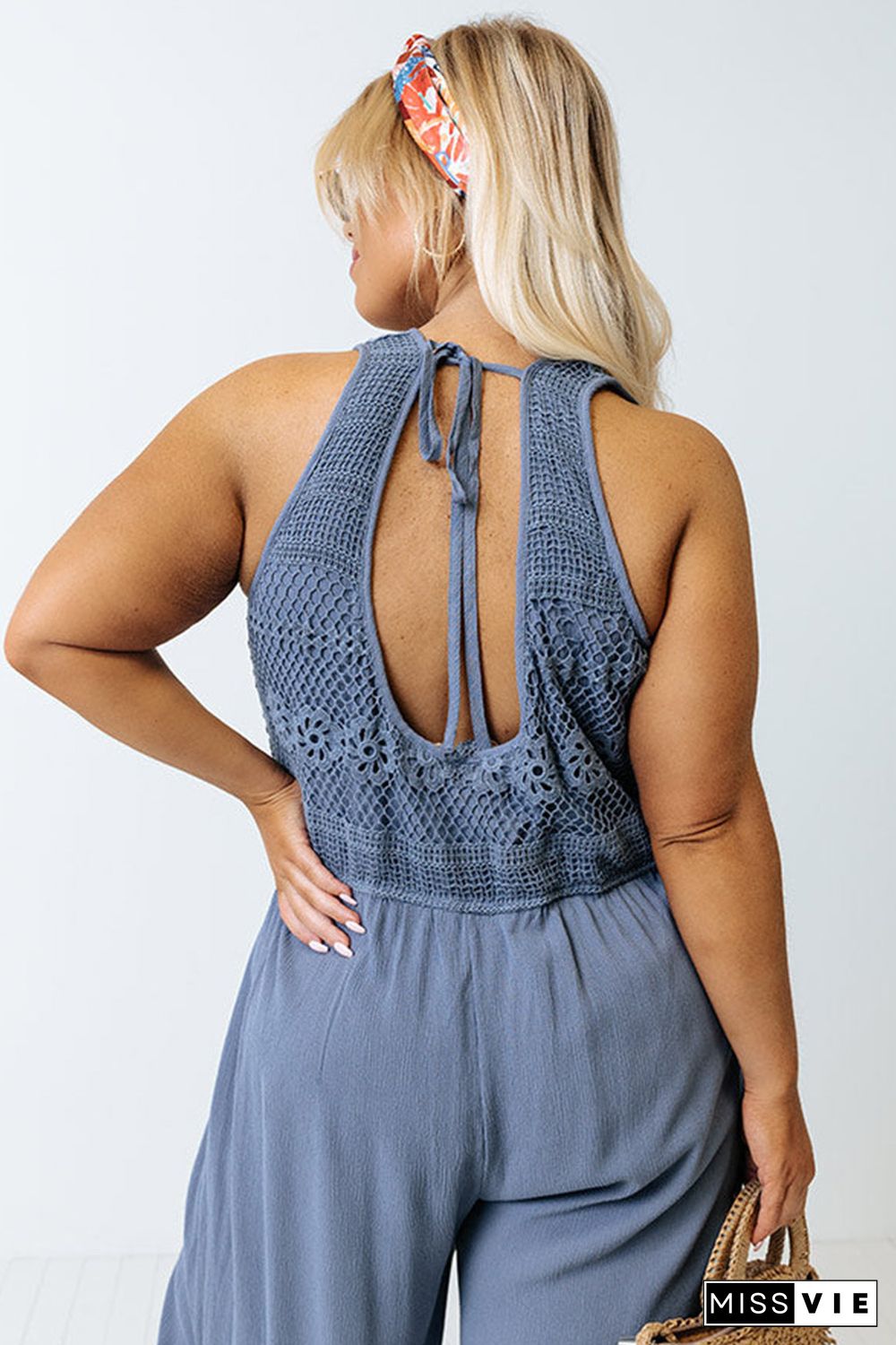 Blue Tie Back Crochet Tank Casual Plus Size Jumpsuit