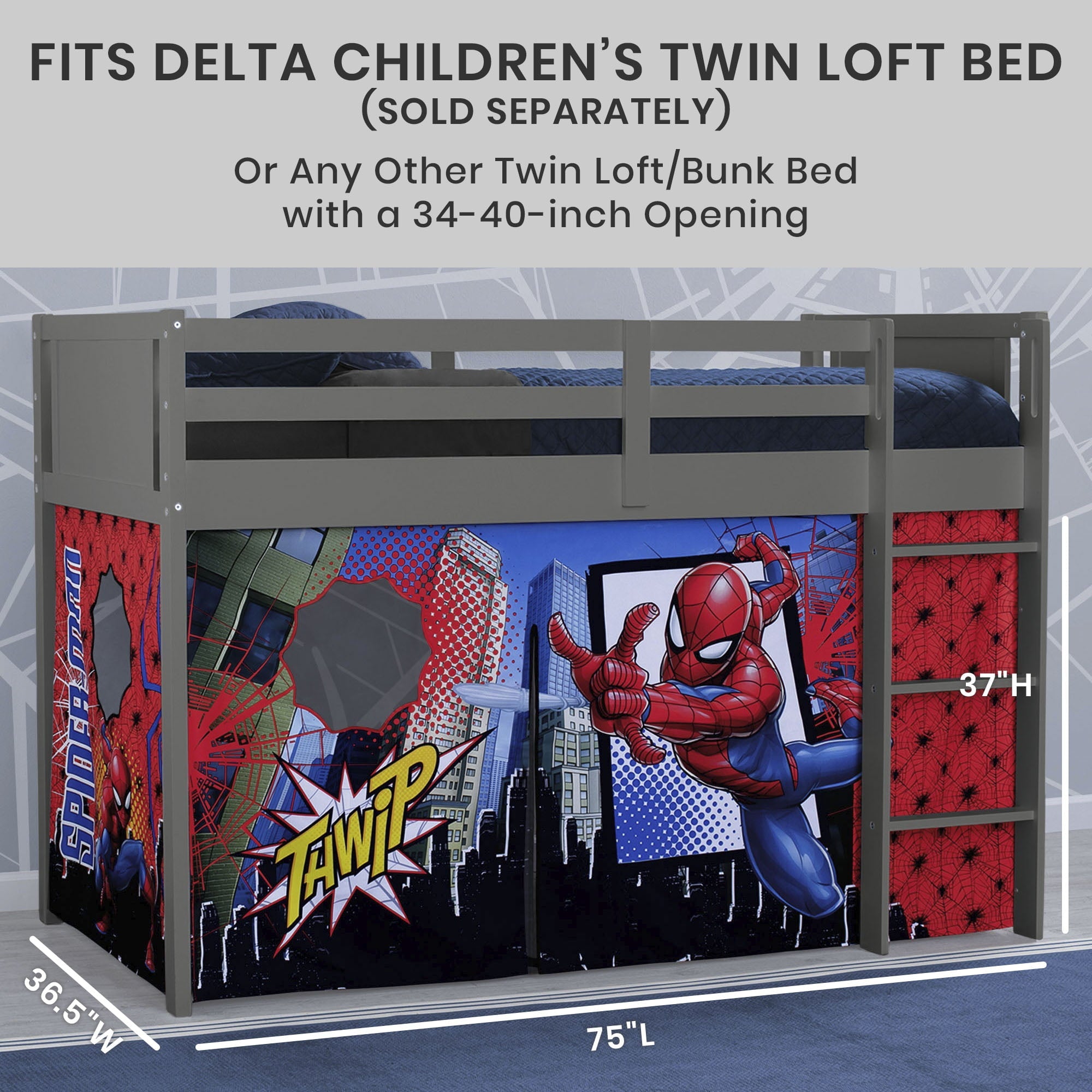 Spider-Man Loft Bed Tent by Delta Children - Curtain Set for Low Twin Loft Bed (Bed Sold Separately)