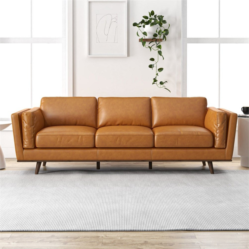 Pemberly Row Mid Century Modern Cushion Back Leather Sofa in Blue   Midcentury   Sofas   by Homesquare  Houzz