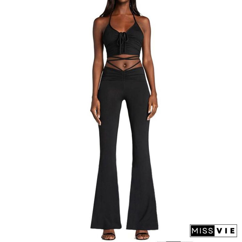 Strappy Cutout Knotted Shirring Halter Crop Top And Flare Pants set