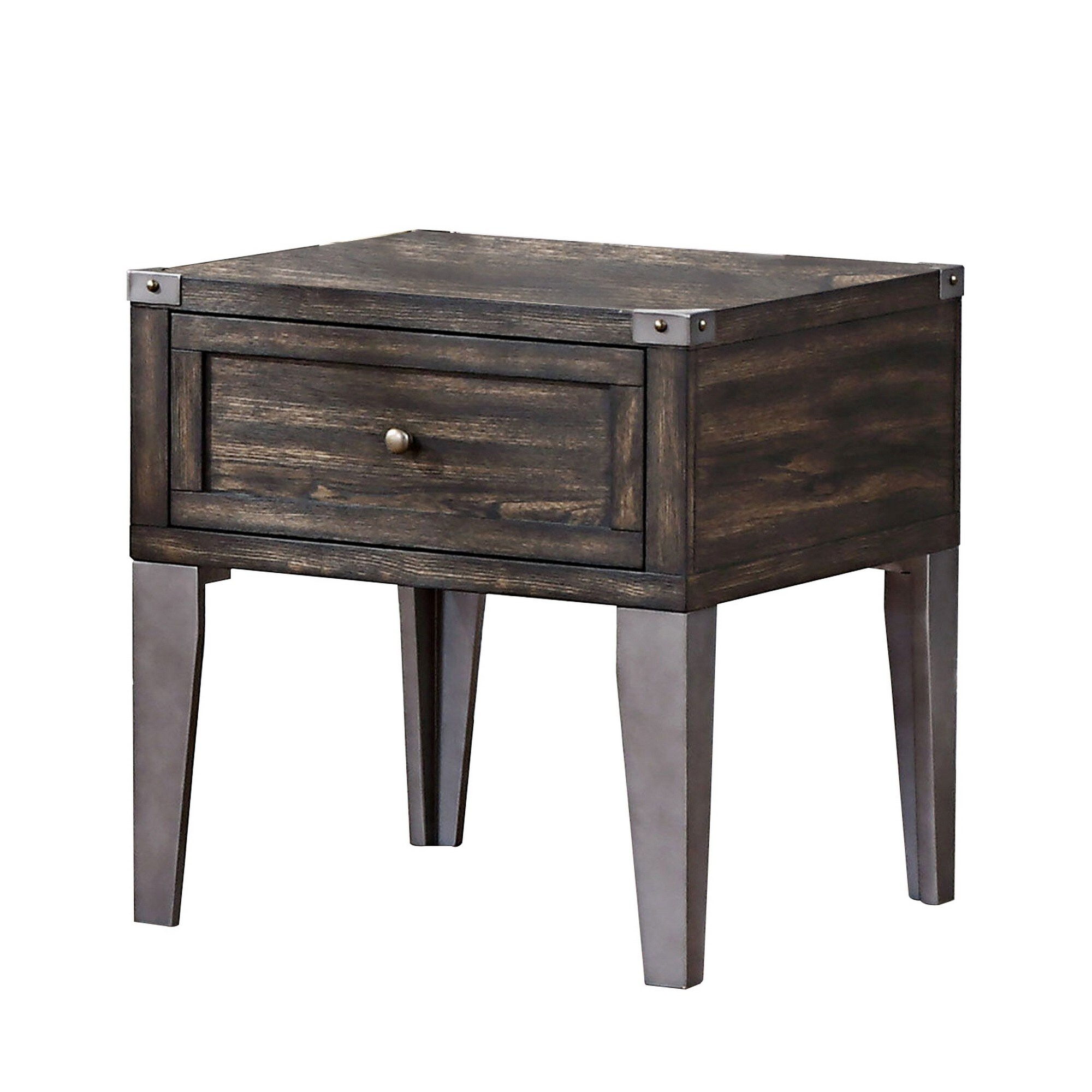 1 Drawer Wooden End Table with Metal Angled Legs， Brown