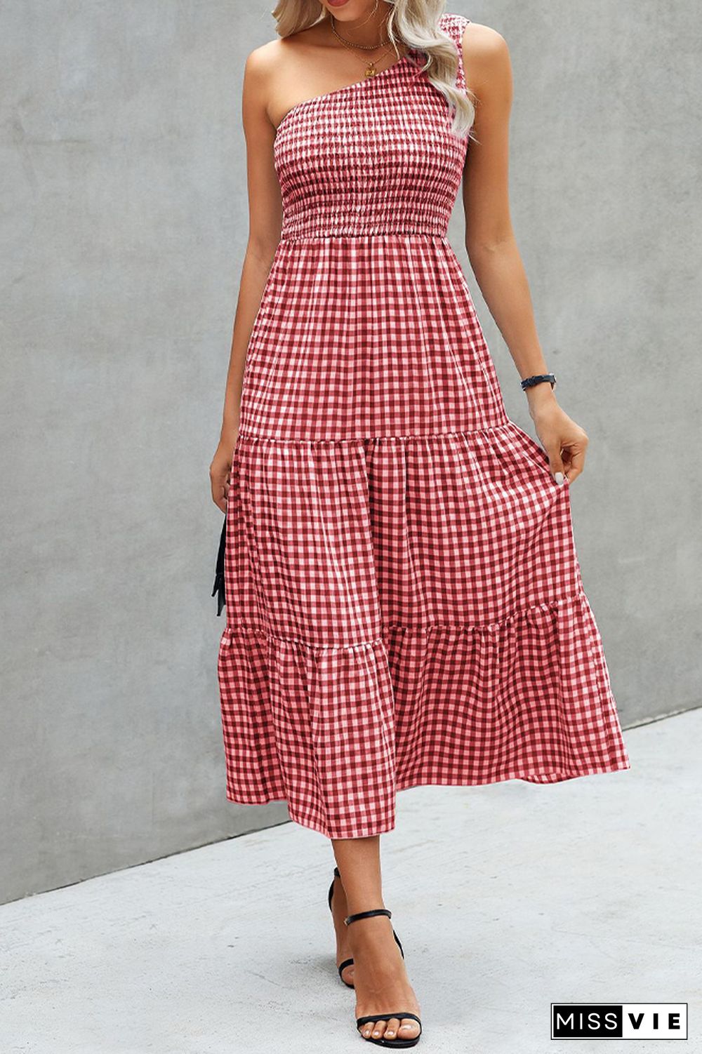 Plaid One Shoulder Pleated Ruffles Long Dress Wholesale