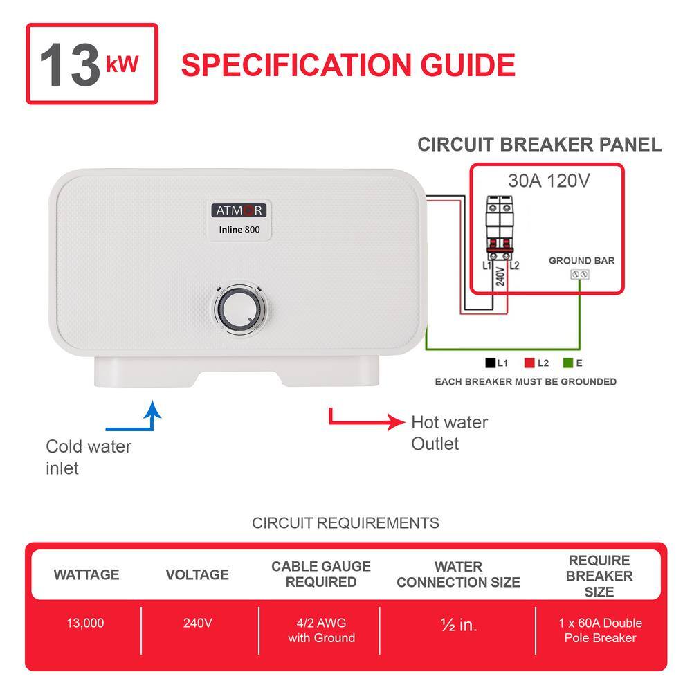 ATMOR 13000 Watt240V 2.25 GPM Electric Tankless Water Heater Includes Pressure Relief Device Ideal for a Full Bathroom AT-13WH-HD