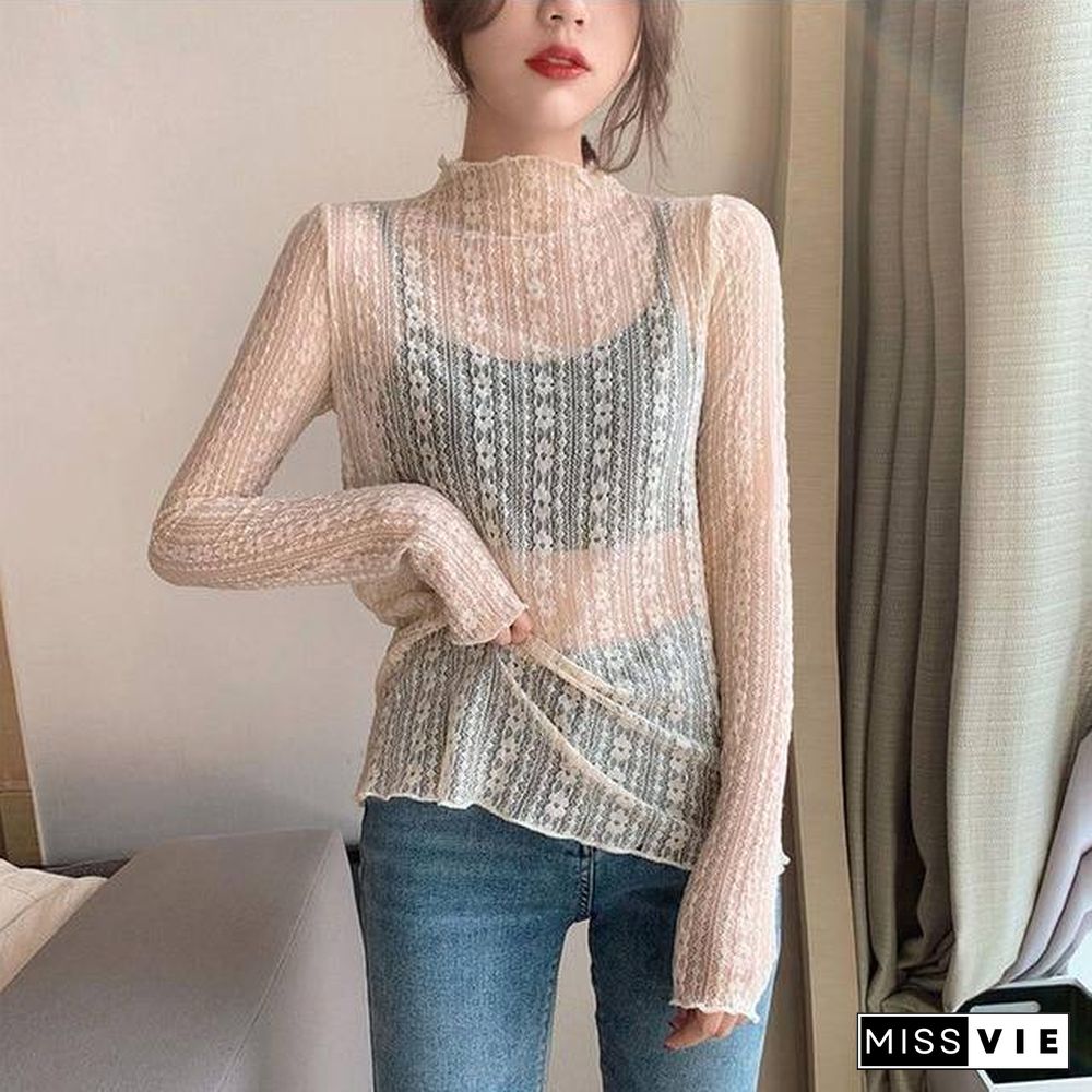 New Transparent Korean Loose Women Lace Blouse 3 Colors Female Bottoming Blouses Plus Size Cheaper Tops