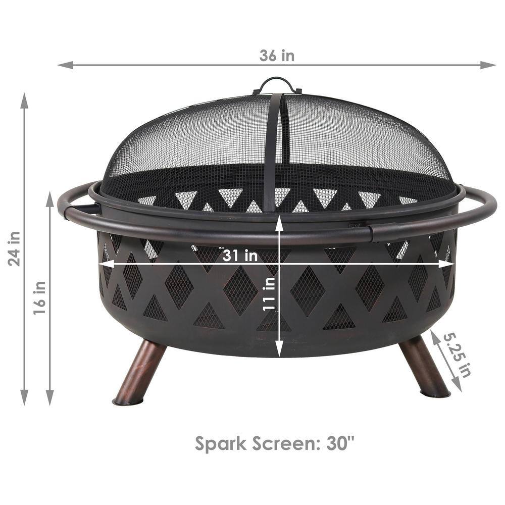 Sunnydaze Decor Black Cross Weave 36 in. x 24 in. Round Steel Wood Burning Fire Pit with Spark Screen NB-610037BLK