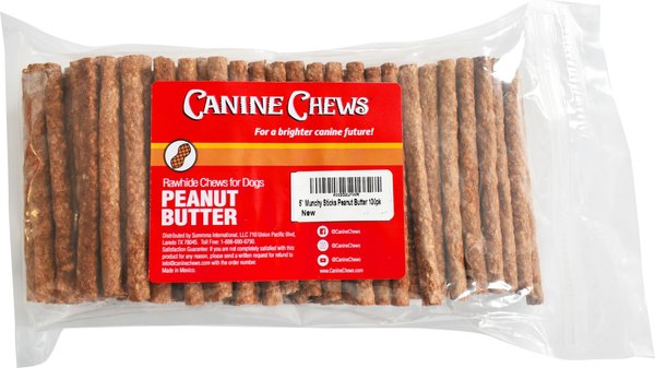 Canine Chews 5-inch Rawhide Munchy Peanut Butter Flavor Dental Dog Chews， 100 count