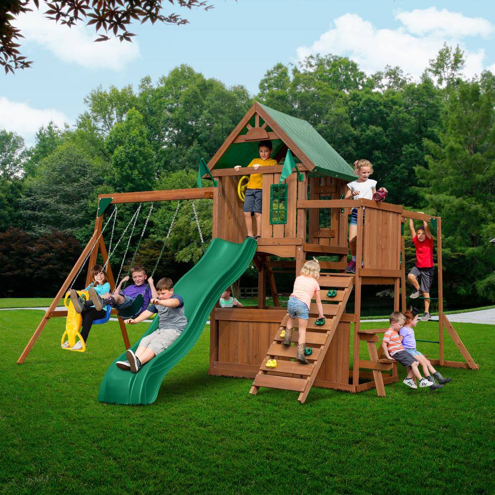 Swing-N-Slide Playsets Knightsbridge Plus Complete Wooden Outdoor Playset with Monkey Bars Slide Rock Wall and Swing Set Accessories WS 8351