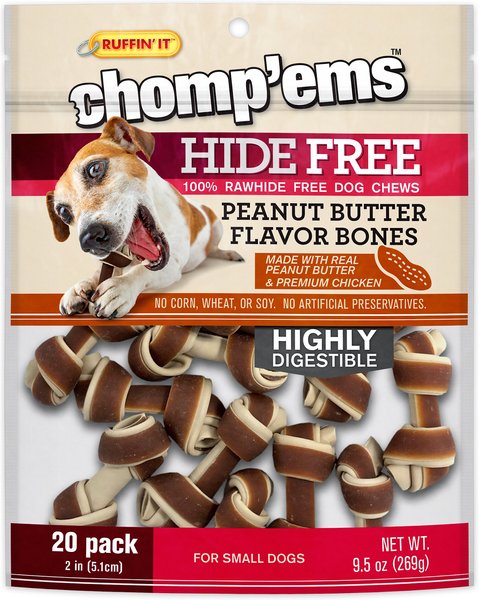 RUFFIN' IT Chomp'Ems Hide-Free Knot Bones Two-Tone Peanut Butter Dog Treats， 20 count