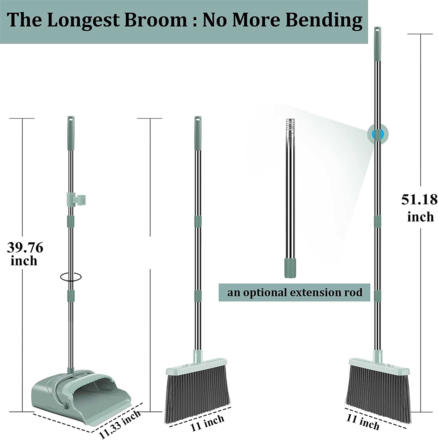 Upgrade Broom and Dustpan Set, Self-Cleaning with Dustpan Teeth, Ideal for Dog Cat Pets Home Use, Super Long Handle Upright Stand Up Broom and Dustpan Set (Gray&Orange)