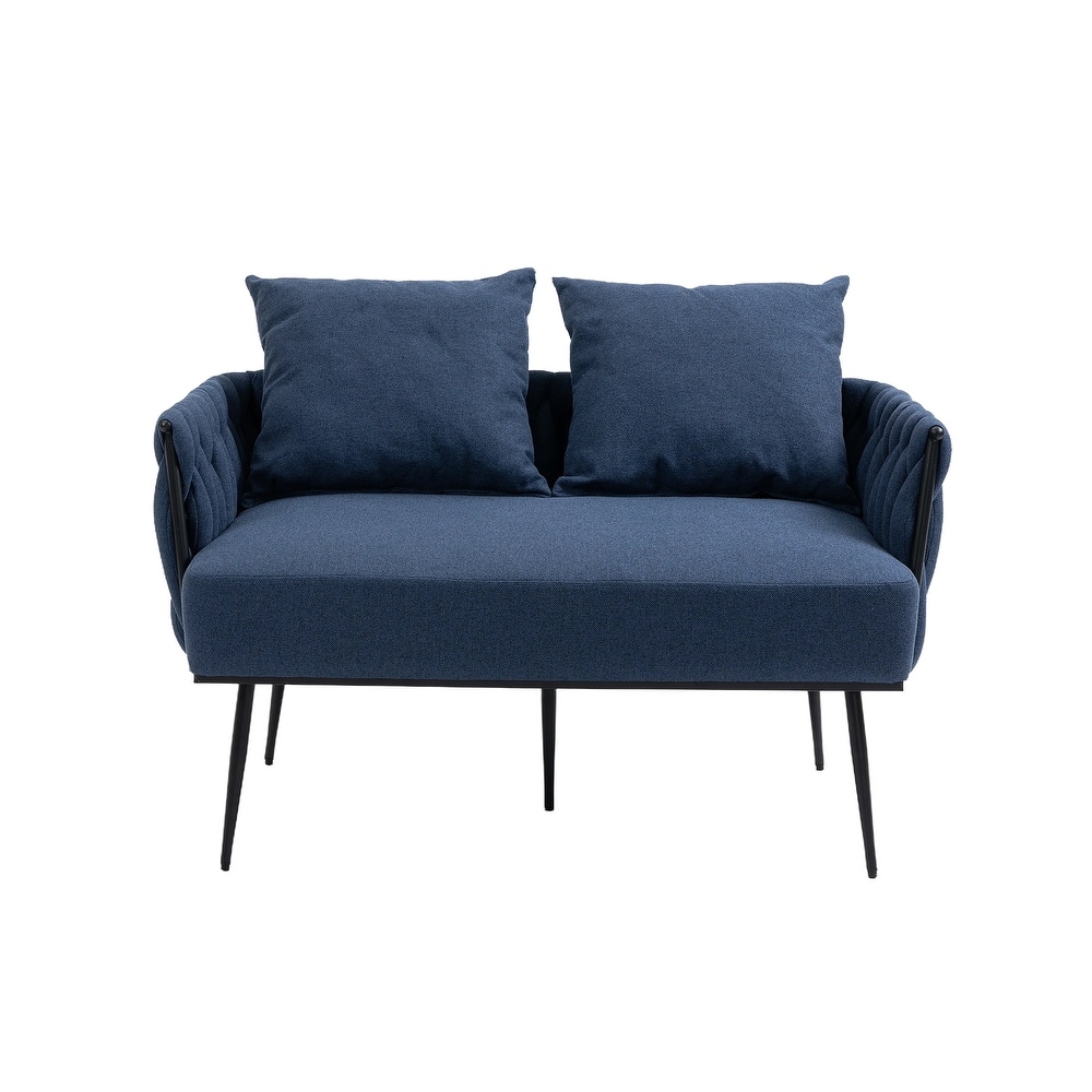 Modern Hand Woven Upholstered Sofa Chair  Navy Linen Accent Chair  Living Room Lounge Armrest Sofa with Metal Frame