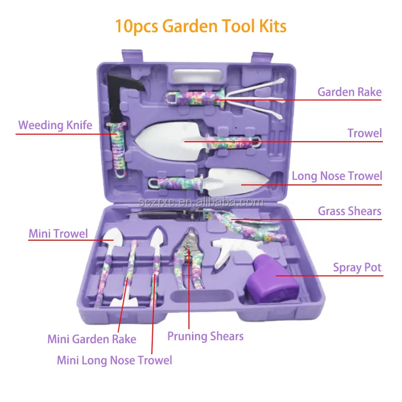 New Design 10pcs Purple Garden Hand Tool Kit With Carrying Case Steel and Plastic Handle Gardening Tool Set For Women