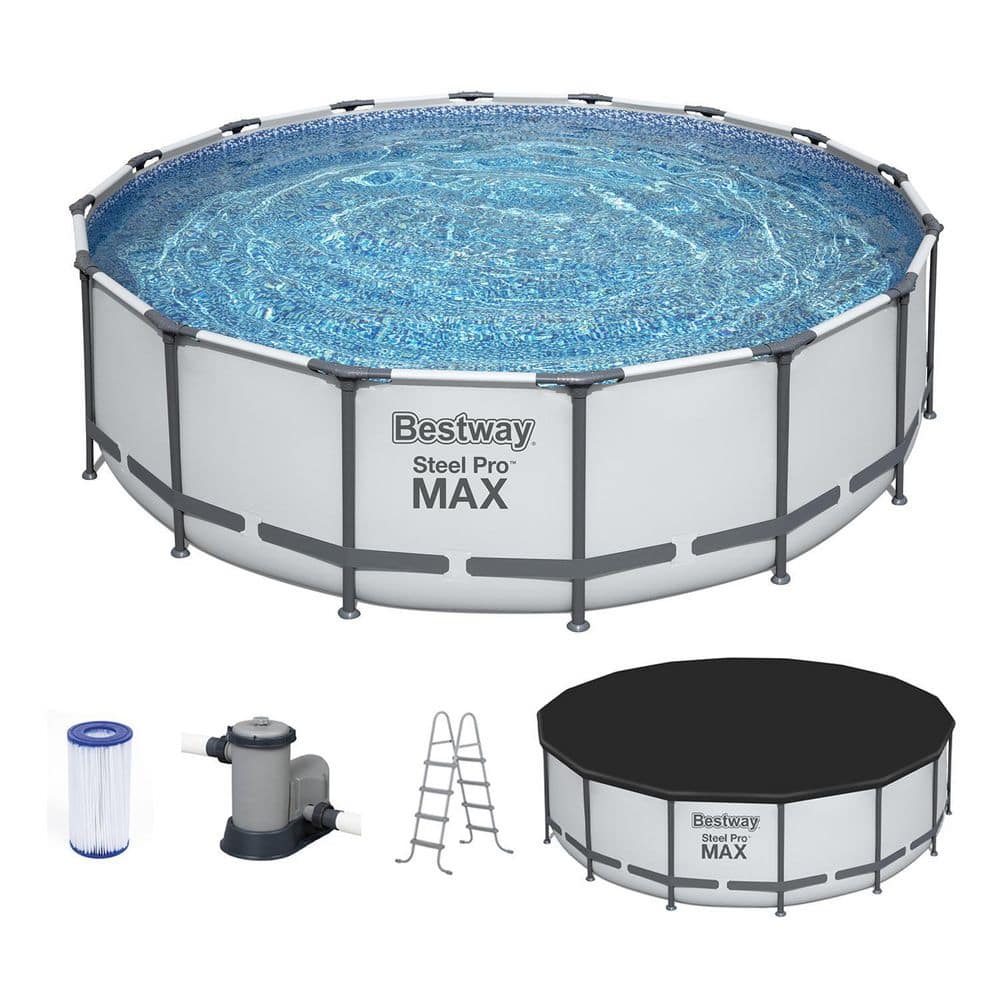 Bestway Pro MAX 16 ft. x 16 ft. Round 48 in. Metal Frame Above Ground Swimming Pool with Pump & Cover 5613AE-BW