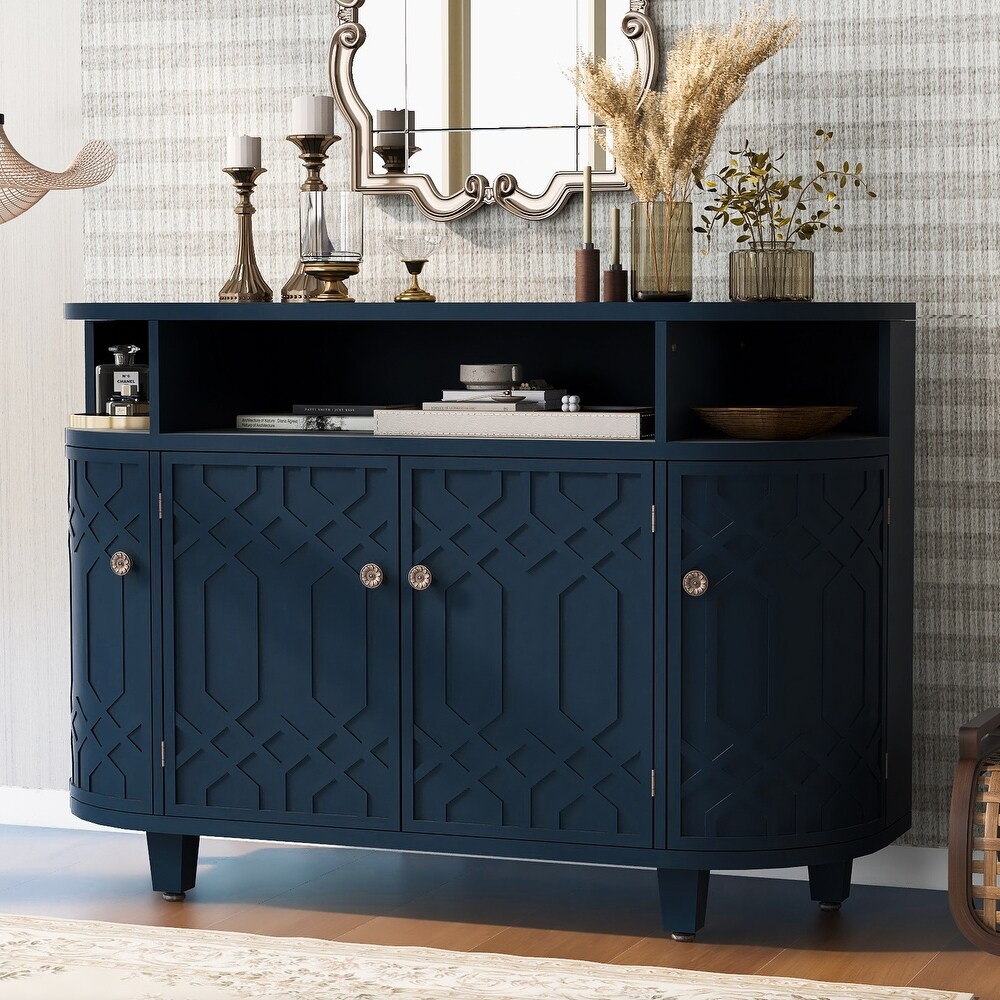 Curved Storage Cabinet 4 Doors Entryway Table w/Adjustable Shelf  Navy Blue