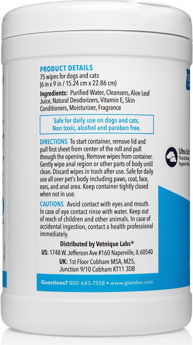 Vetnique Labs Glandex Wipes Cleansing and Deodorizing Anal Gland Hygienic Rear End Dog and Cat Wipes