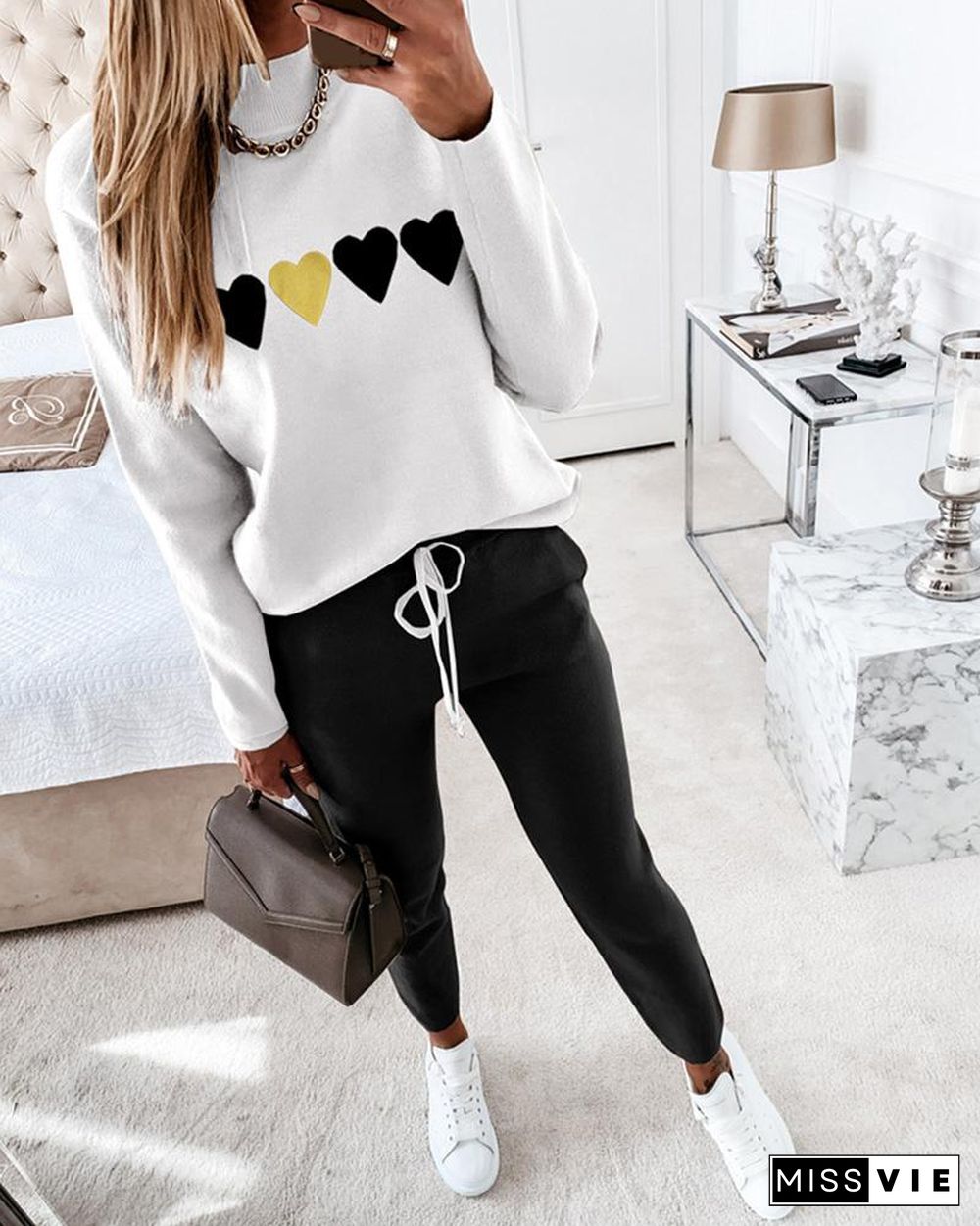 Heart Print Long Sleeve Top & Drawstring Waist Pants Set P12268