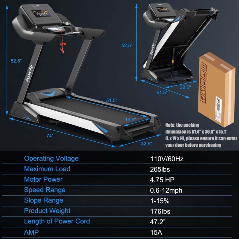 4.75 HP Folding Treadmill with APP & Auto Incline, 20 Programs Electric Running Machine for Home Apartment