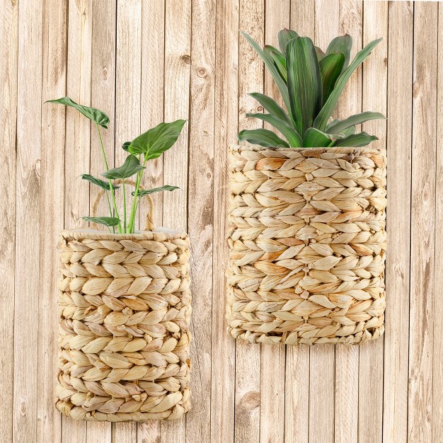 Auldhome Design Water Hyacinth Wall Hanging Baskets 2pc Set Small medium Wicker Rustic Farmhouse Door