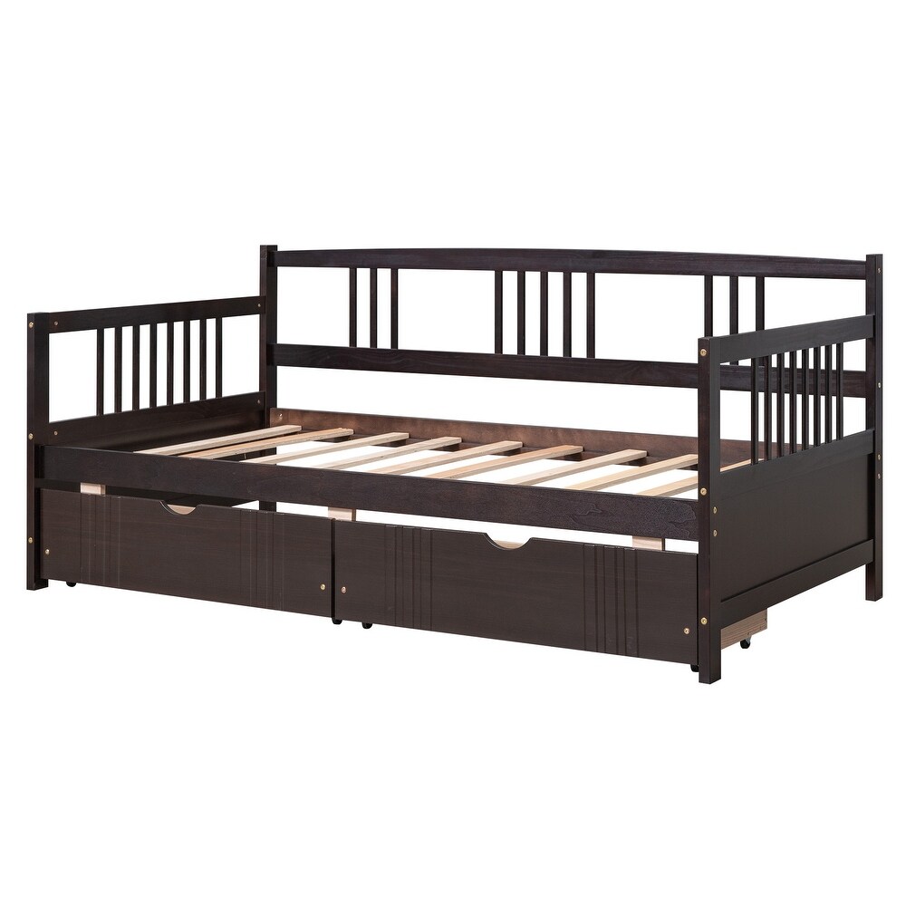 Twin Size Wood Daybed with 2 Storage Drawers and 3 Side Guardrail  Wood Kid's Bed with Wood Slats for Bedroom