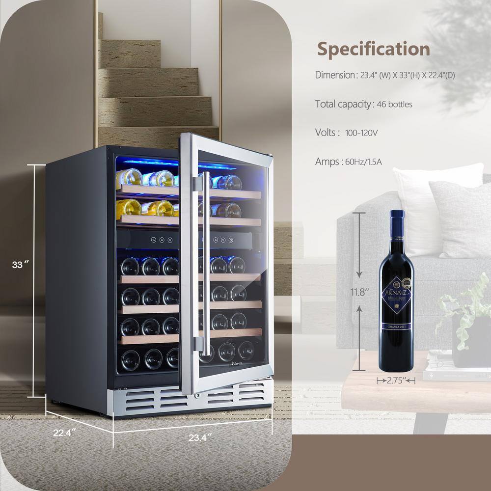 Kalamera 24 in. Built-In 46 Bottle Dual Zone Wine Cooler with Temperature Memory Function KRC-46DZB