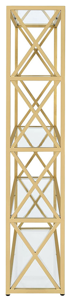 Bookcase  Metal Frame With X Shaped Sides  ampClear Glass Shelves  Gold Finish   Contemporary   Bookcases   by Declusia  Houzz