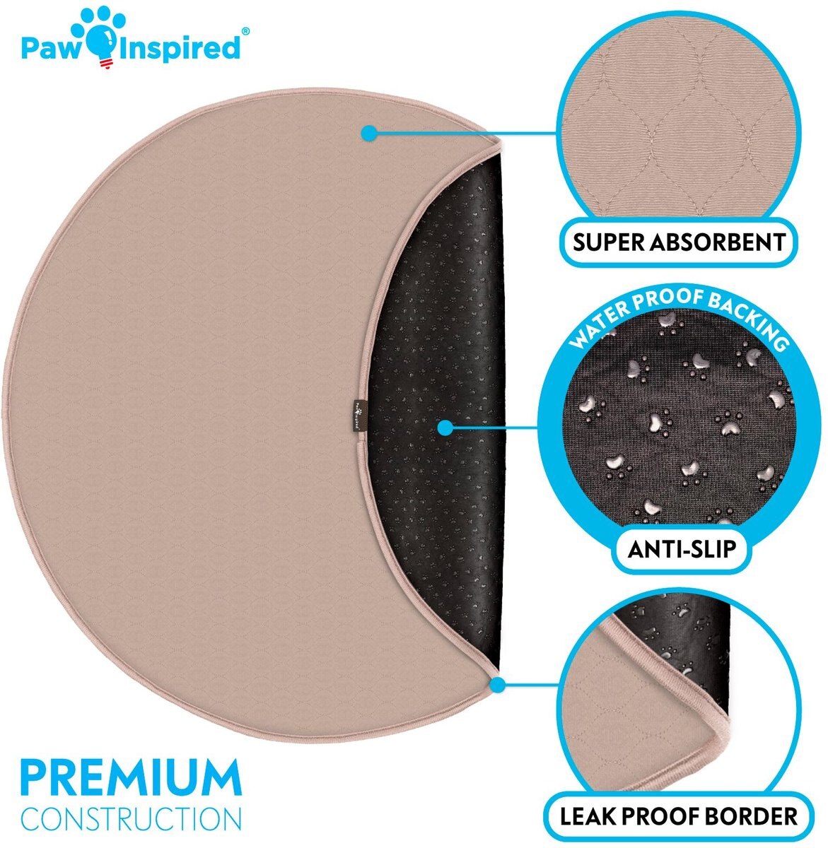 Paw Inspired Round Washable Dog Pee Pads， 2 count