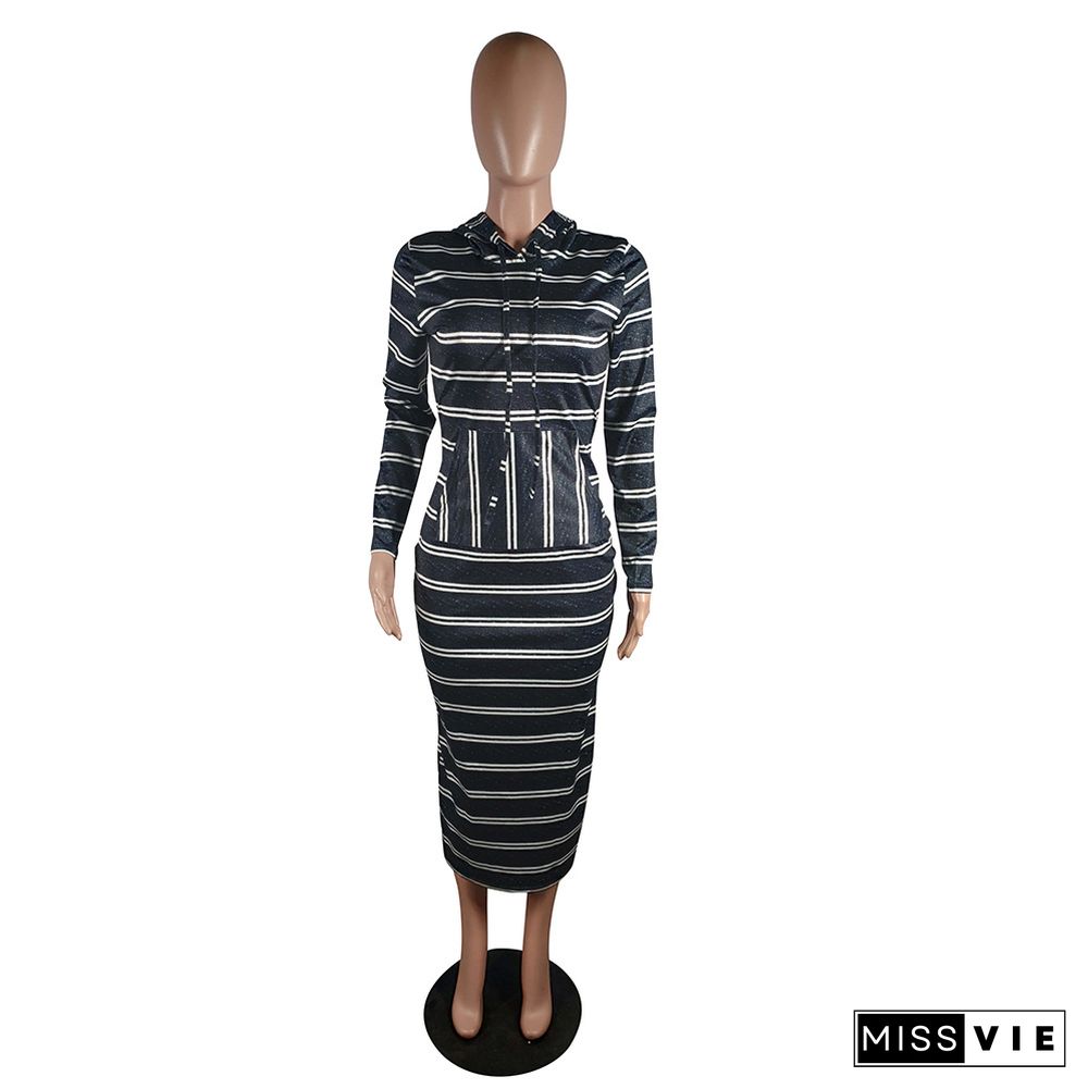 Casual Women Stripe Hoodies Ankle-length Dress