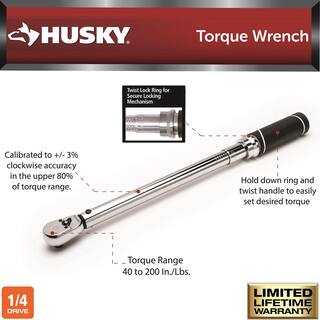 Husky 14 in. Drive Micrometer Click Torque Wrench 40 in.lbs. to 200 in.lbs. H4DTWA