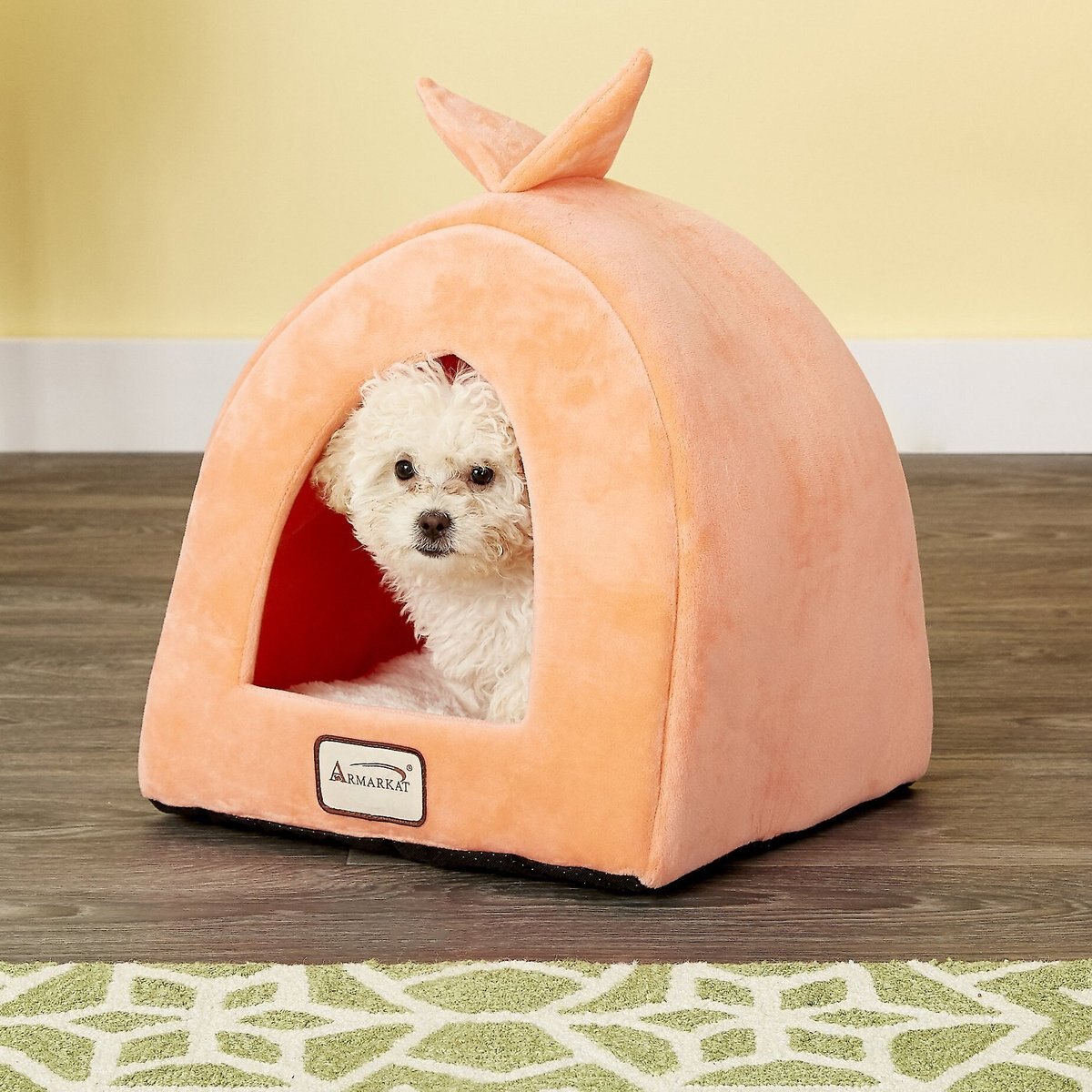 Armarkat Cave Shape Covered Cat and Dog Bed， Orange/Ivory