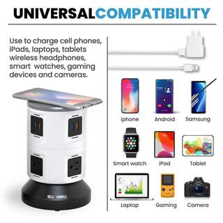 Bell + Howell 4-Outlets6 Spin Power Wireless USB Surge Protector Electric Charging Station Power Tower with Wireless Dock 7896