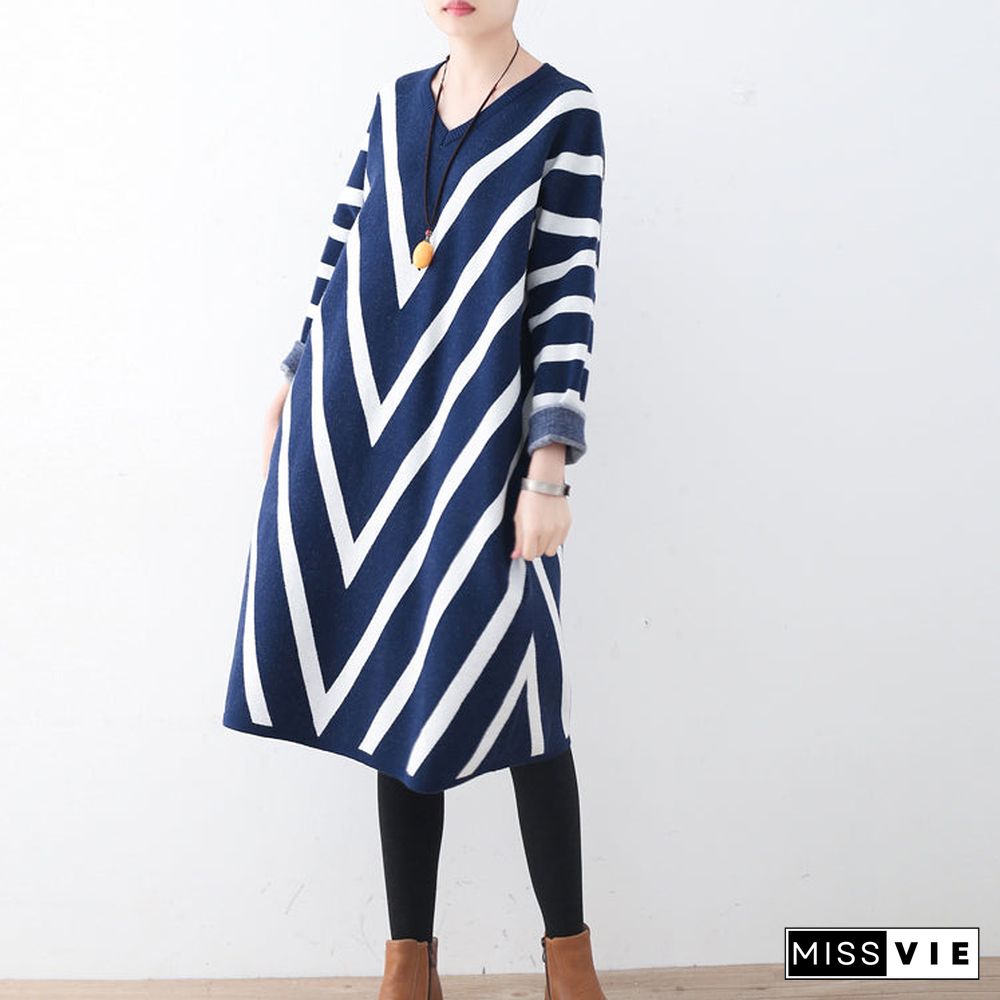 Cozy blue striped sweater dress plus size clothing fall dresses Elegant unique pullover long sleeve