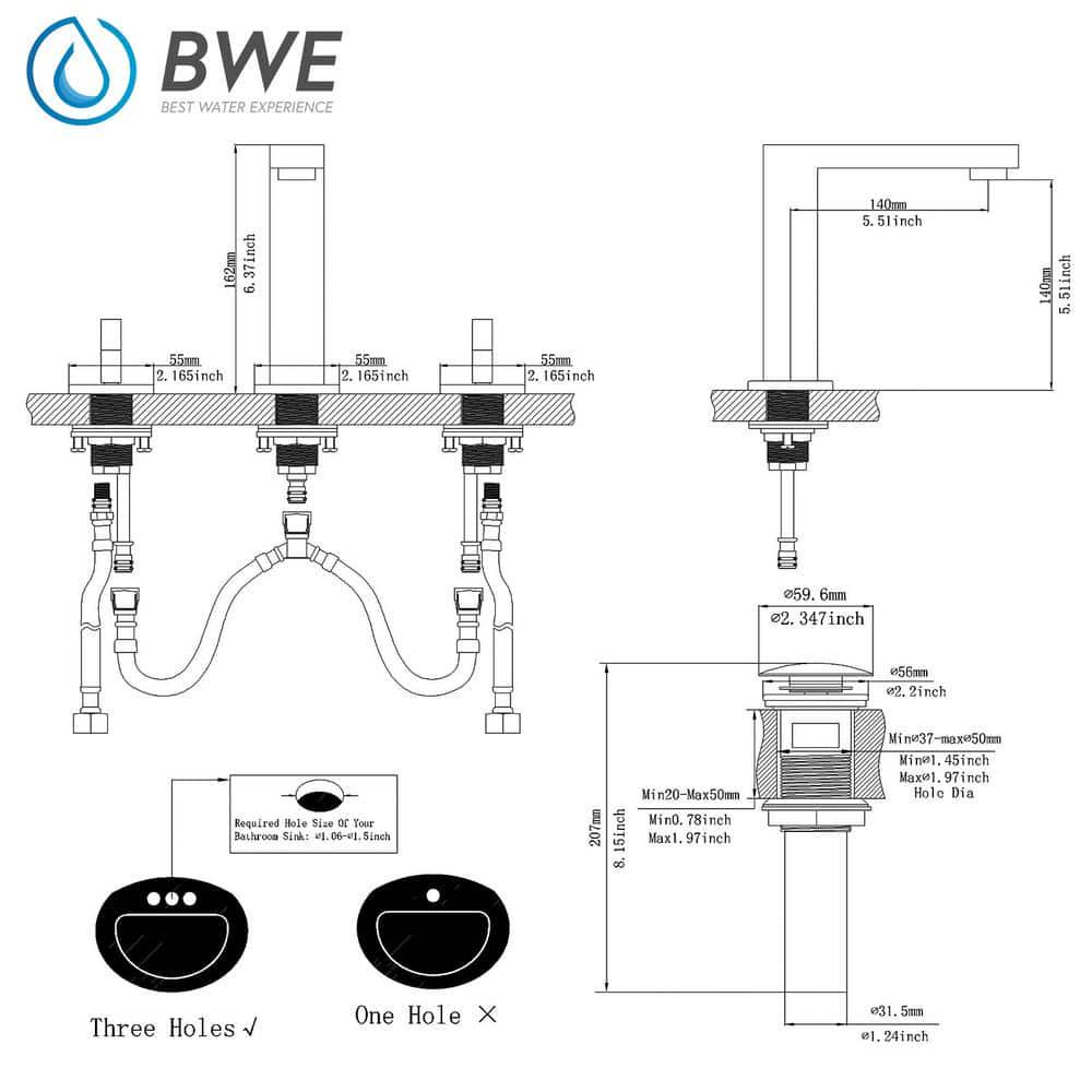 BWE 8 in Widespread Double Handle Bathroom Faucet With Supply Hose in Brushed Gold