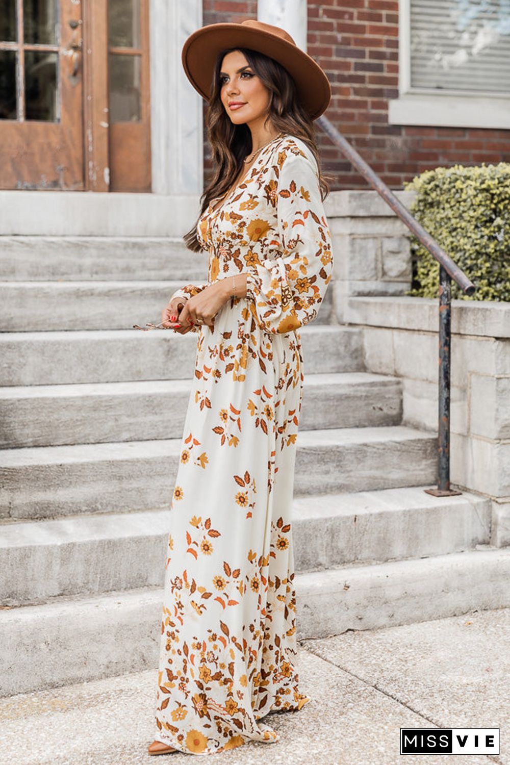 Yellow Leaf Print V Neck Puff Sleeve Maxi Dress