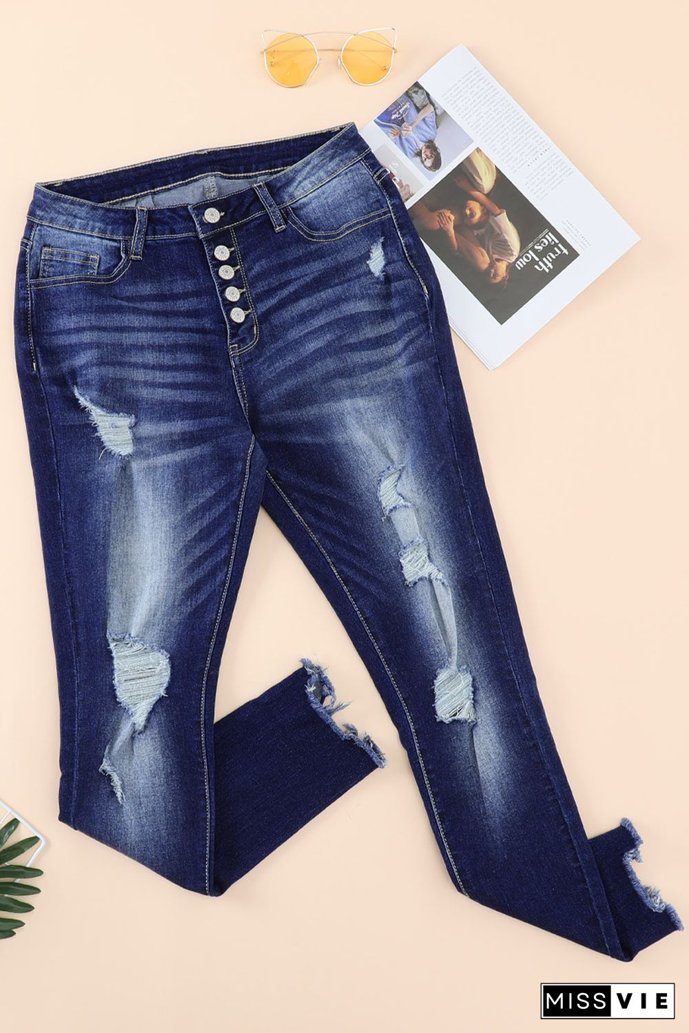 Blue High Rise Button Front Frayed Ankle Skinny Jeans