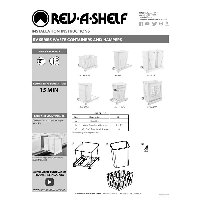 Rev-A-Shelf Single Pull Out Kitchen Cabinet Trash Can 30 Qt， RV-9PB S