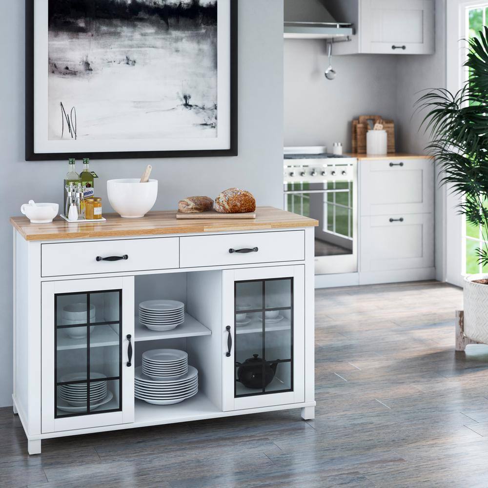 Twin Star Home Brilliant White and Wood Top 50 in. Kitchen Island with Cabinets and Optional Casters KC8671-PF08