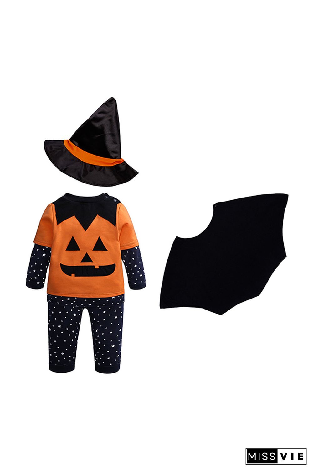 Halloween Pumpkin Long Sleeve Top Pants Cape Hat 4 pcs Set Wholesale