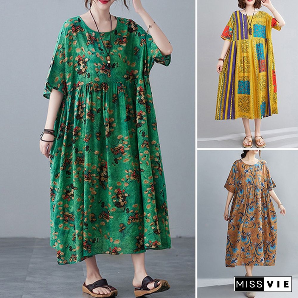 Women Casual Summer Sundress Full Sleeve Printed Plus Size Crew Neck Baggy Midi Dress