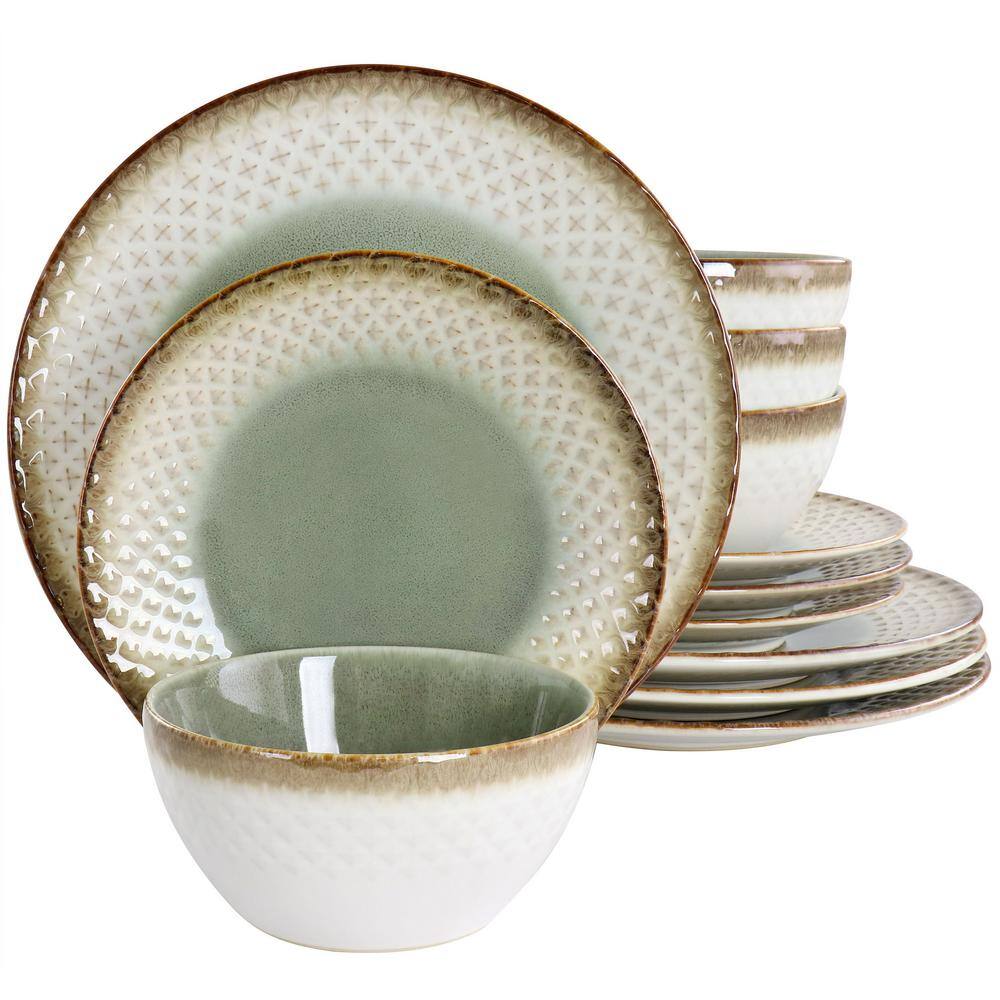 GIBSON ELITE Habit Hill 12-Piece Green Stoneware Dinnerware Set 985119213M