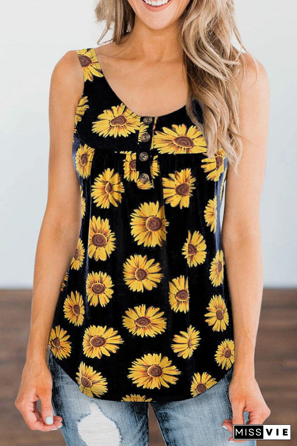 Black Sunflower Printed Loose Vest Tank Top