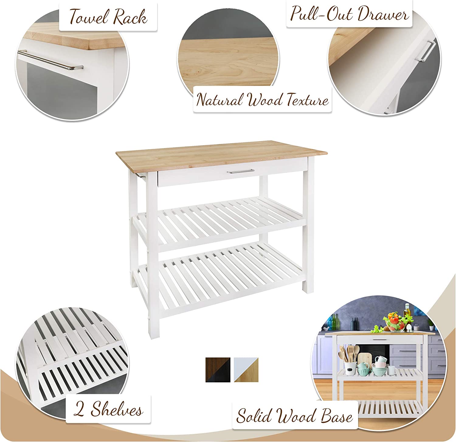 Casual Home White Wood Base with Wood Top Kitchen Island (20-in x 40-in x 36.5-in)