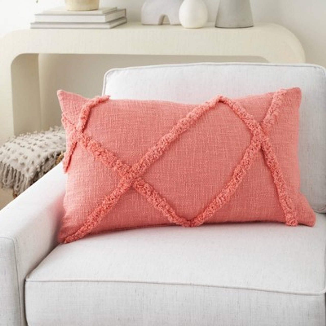 14x24 Oversized Life Styles Distressed Diamond Lumbar Throw Pillow Coral - Mina Victory